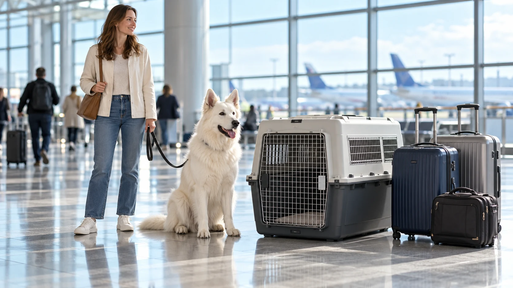 Transfert animalier 92 : un berger blanc suisse en laisse près de sa grande caisse vide et des valises dans un aéroport