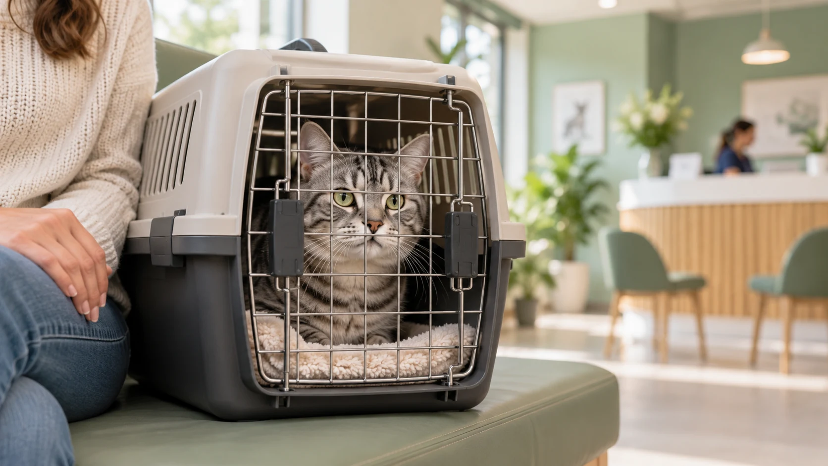 Taxi chat 92 : un chat tigré dans une caisse fermée en salle d’attente vétérinaire