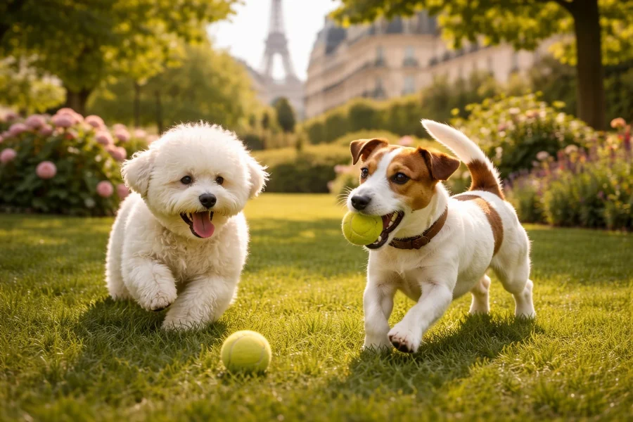 Bichon Frisé Et Jack Russell Jouant Dans Un Jardin À Paris 7