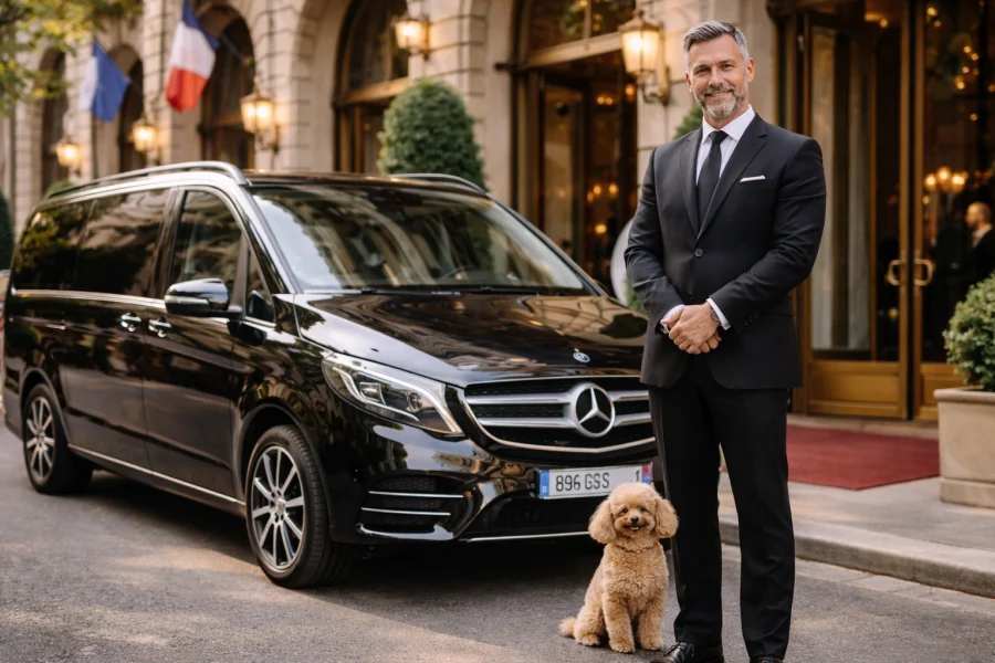 Chauffeur élégant devant un hôtel à Paris avec un Mercedes Classe V et un caniche nain assis à ses pieds