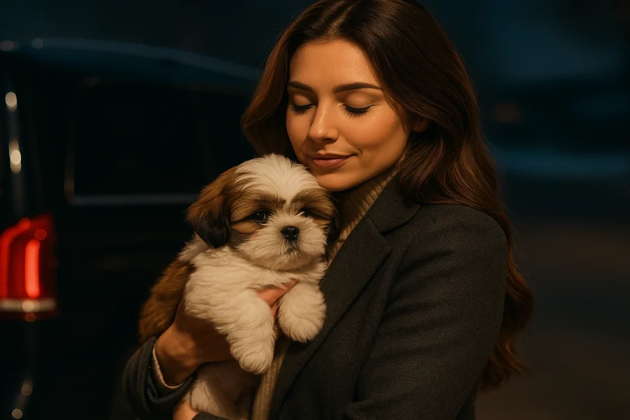 Femme tenant un chiot à proximité des Invalides à Paris 7