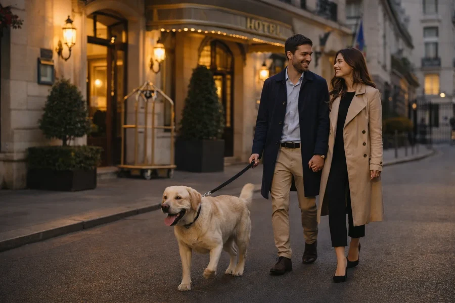 Labrador Avec Ses Maîtres Devant Un Hôtel À Paris 7