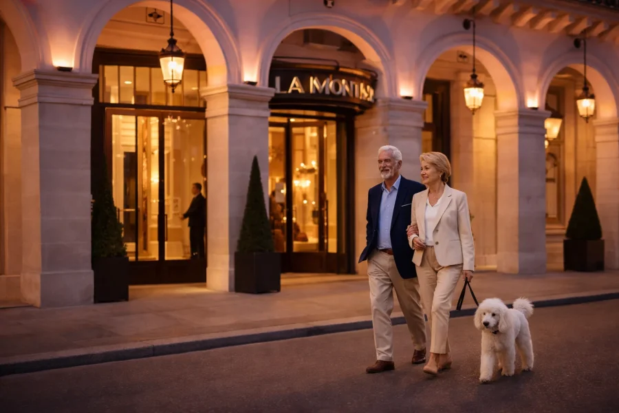 Couple élégant se promenant devant un hôtel à Paris 1er avec un caniche blanc