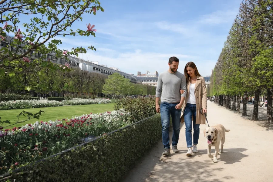 Promenade avec labrador au Jardin du Palais-Royal à Paris 1er