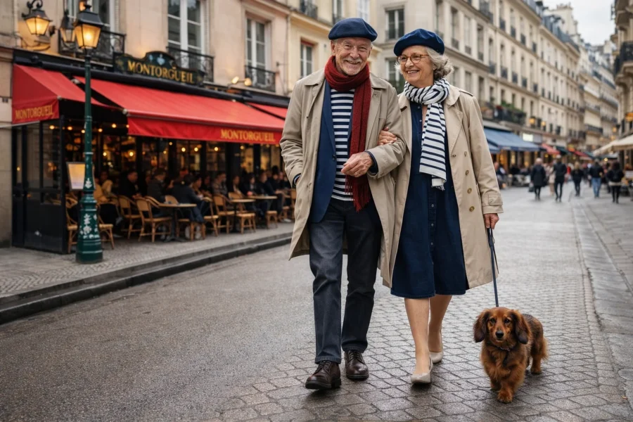 Couple parisien élégant avec un teckel se promenant rue Montorgueil dans le 2e arrondissement de Paris