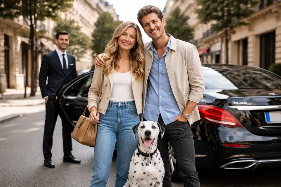 Jeune couple avec dalmatien devant une Mercedes noire avec chauffeur privé à Paris 2e