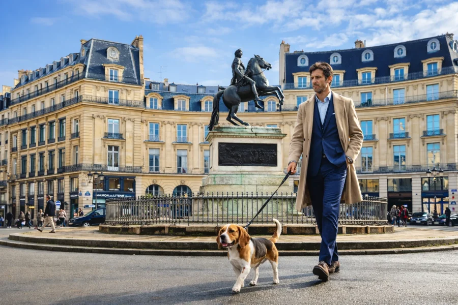 Taxi animalier Paris 2e – Promenade avec beagle Place des Victoires