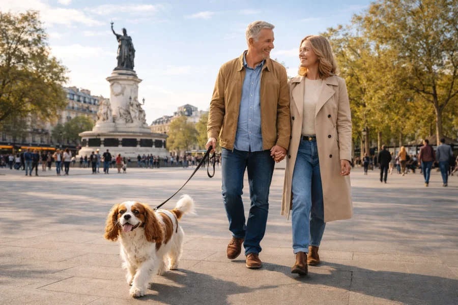 Couple senior se promenant avec un Cavalier King Charles Place de la République à Paris 3e