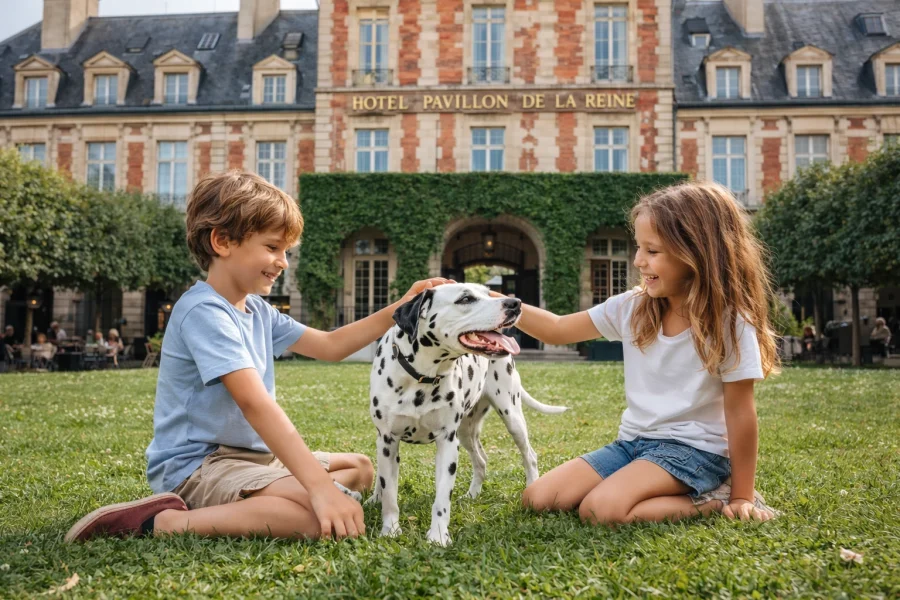 Taxi animalier Paris 3e – Enfants avec dalmatien au Pavillon de la Reine
