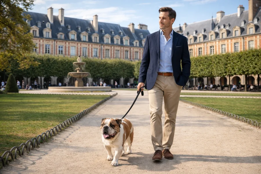 Homme élégant d’environ 40 ans avec un bulldog anglais Place des Vosges à Paris 3e