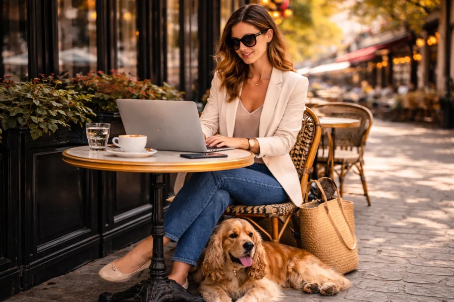 femme élégante en terrasse de café avec ordinateur portable et cocker anglais allongé sous la table