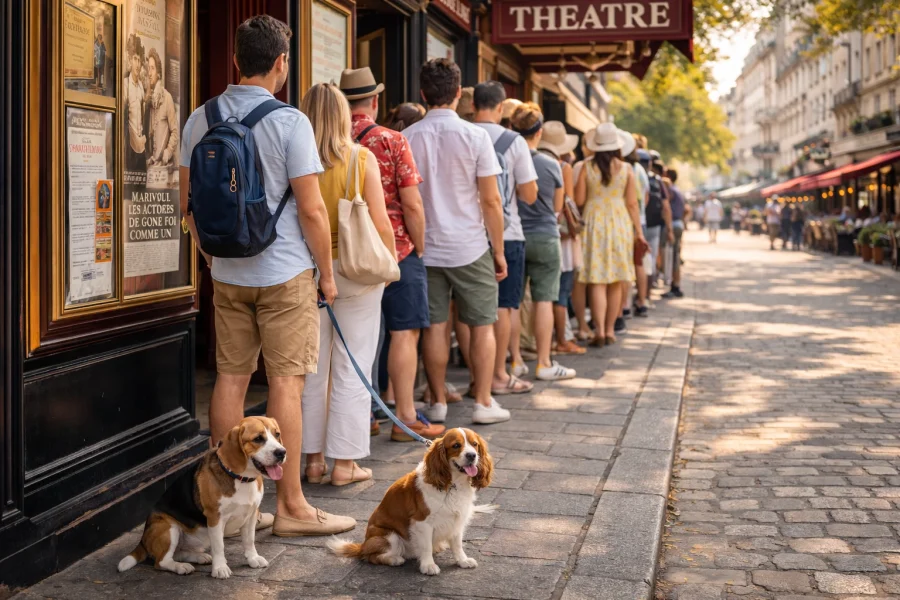 File d’attente devant un théâtre parisien avec deux personnes accompagnées de leurs chiens pendant les vacances