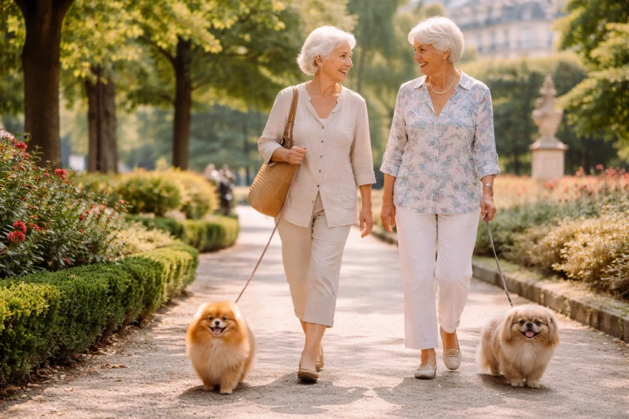 Promenade au Square Berlioz – Deux dames avec Spitz nain et Pékinois à Paris 9